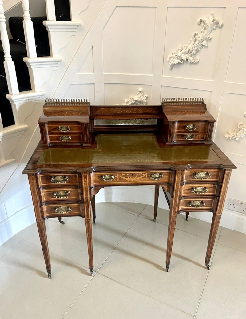 Fine Quality Antique Victorian Freestanding Maple & Co. Inlaid Writing Desk